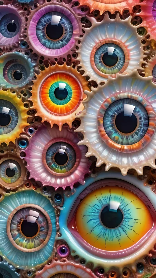 Prompt: an extremely hyper realistic ultra super textural weird trippy surreal psychedelic entity, Cardioid Shapes, white, translucent, clear, bright bright pastel colors, oil slick rainbow sheen effect, lots and lots of light, lots of crazy colorful compound psychedelic human eyes, rows of human teeth, fungus, atoms, diatoms, Cardioid Shapes