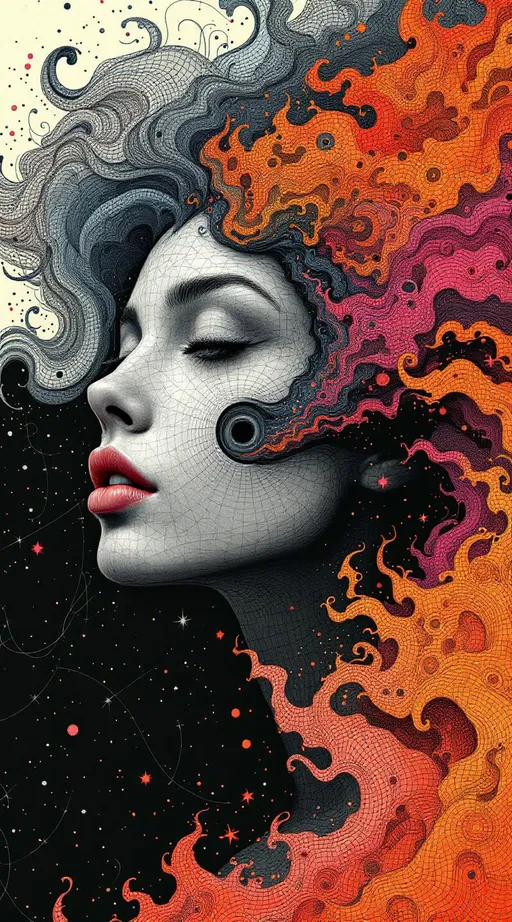 Prompt: Her face emerges from the page like a theorem carved in flesh, a surrealist relic from a parallel geometry—hand-rendered in the texture-rich, line-drenched style of La Planète Sauvage. Every contour is deliberate, every curve a whisper of logic, her features not painted but solved, mapped by obsessive crosshatching that folds time into paper. Her eyes, vast elliptical topologies, blink like dimensional apertures—iris-rings spooling sacred recursion, black pupil cores nested in radiating geometry. Her face is scaffolded with fractal clarity: nose a vector fulcrum, cheekbones etched in schematic layering, mouth a sinewave crest encoded in sacred curve. Lines cross lines in a tension of cosmic draftsmanship—biomorphic, surreal, precise. Her hair is a rupture of order, exploding into kaleidoscopic math—fractal flame-plumes and latticework spirals, each strand rendered in ultra-saturated fields of vermillion, cobalt, acid lime, wrapped and nested in black-and-white vortex scaffolds. The contrast is divine—a chaos stabilized by structure. Glyphs shimmer through the folds, as if inked by machines dreaming in symbolic algebra. The color does not lie atop the image but bleeds from within—like her very logic is leaking chroma. Backgrounds dissolve into architectural mathdreams: floating scaffold rings, tangled vector flora, recursive arches echoing in the void. She wears no jewelry, only modular field interfaces—curved filigree arrays that pulse across her collarbone like data lace. Her expression is not human, but sacred—a calm from knowing the totality of the proof. The world around her warps in allegorical structure, surreal fauna crawling across angular stairways, number-choked flora blooming into algorithmic spirals. Even shadows obey the logic of the line, folding under her cheek with triangular weight. It is a portrait, yes, but more: a hyper-symbolic interface, a feminine sacred machine drawn into being by the sacred hand of speculative math.