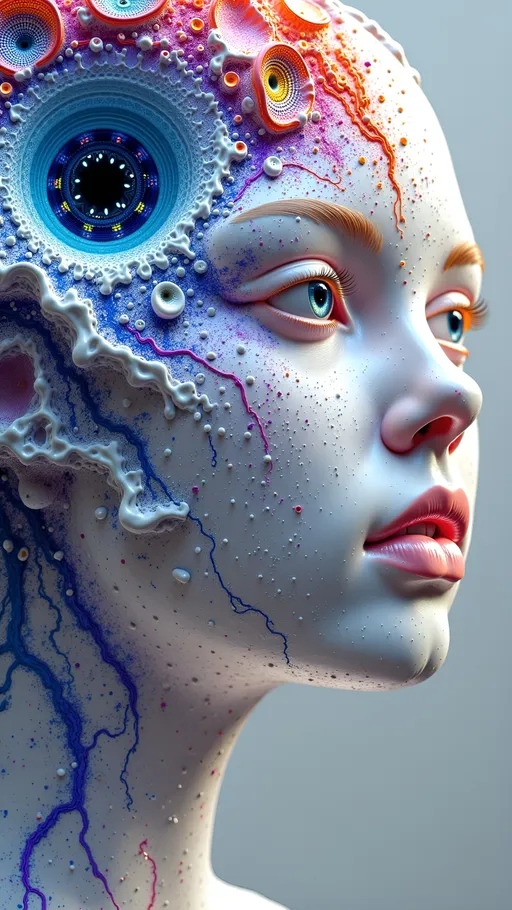 Prompt: This **“flesh mandala”** is a hyperreal masterpiece in **34k**, with stark white flesh and cosmic geometry. The **body parts**—**eyes**, **teeth**, **tongues**, **noses**, **ears**, **organs** like hearts, livers, lungs, and kidneys—are boldly prominent and vividly detailed, blending seamlessly into the pure white, moist flesh that pulses with energy. The composition spirals into **Mandelbrot sets**, **4D hyperspaces**, and **Mobius strips**, twisting into infinite loops and fractals, creating a multidimensional tapestry. Swirling **psychedelic eyes** and **recursive patterns** add surreal depth, while **blood vessels** and **nerves** weave through the layers in vivid **crimson** and **deep blue**. The landscape is accented with shimmering **bismuth**, **malachite**, **lapis lazuli**, and **iridescent opals**, their crystalline structures refracting light and adding cosmic shimmer. Tiny **microscopic organisms**, **fractals**, and **crystals** swirl within, amplifying the surreal complexity. Glistening, alive, and set against a mineral-rich backdrop, it’s an intricate universe—an exploration of body, mind, and infinity, rendered in stunning clarity and surreal beauty.