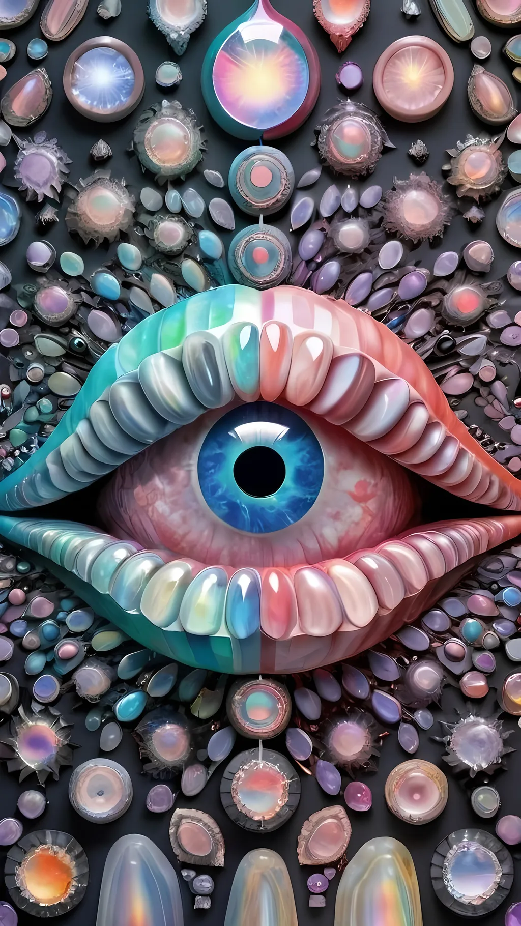 Prompt: Create an extremely hyper-realistic, ultra super textural, weird, trippy, surreal, psychedelic eyes/teeth/mouth pattern/design based on Mandelbrot & “Op Art tiling” with lots of human eyes (crazy colorful compound psychedelic), rows of human teeth, human lips, and tongues. 

- **Colors**: determined by the properties and expressions of the elements (& their isotopes), minerals, and metals: opal, moonstone, Kunzite, selenite, rose quartz, Platinum (Pt)

**Shapes and forms**
- Mandelbrot 
- "Op Art tiling" 
-other shapes determined by the natural properties and expressions of the elements (& their isotopes), minerals, metals, and biological organisms: opal, moonstone, Kunzite, selenite, rose quartz,  Platinum (Pt)


- **Textures**: Derived from any/all elements (& their isotopes), minerals, metals, crystals, organic things mentioned in this prompt: opal, moonstone, Kunzite, selenite, rose quartz, Platinum (Pt)

**Composition and Layout**:
- a pattern/design based on the Op Art tiling & Mandelbrot 

**Lighting**:
- lots of bright light
- Iridescence
- Aventurescence
- Chatoyancy
- Asterism

**Detail and Atmosphere**:
- Extreme hyperrealistic sharp high detail high definition organic and mineral textures
- Psychedelic, weird, odd, surreal atmosphere
- Frozen in time

**Additional Elements**:
- extra rows of teeth, lips, many eyes, Op Art tiling, Mandelbrot, Iridescence, Aventurescence, Chatoyancy
