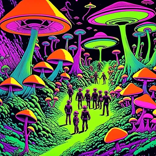 Prompt: <mymodel>Vintage 70s black light poster of little green men, smoking joints, alien landscape, UFO flying saucers, psilocybin cubensis mushrooms, vibrant trippy colors, neon purple and green, detailed psychedelic patterns, high quality, retro, black light, vibrant colors, detailed aliens, surreal landscape, psychedelic, smoking joints, UFO flying saucers, vintage poster, 70s aesthetic, vibrant neon, alien mushrooms, vibrant night sky