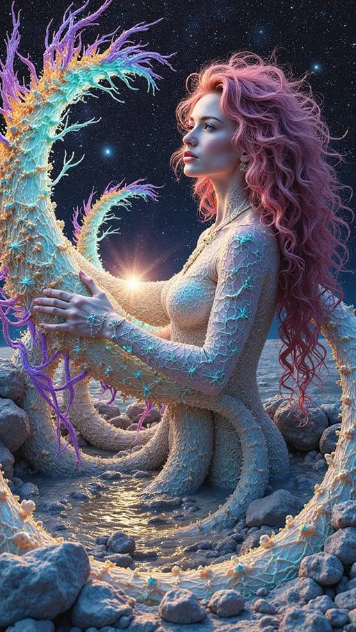 Prompt: A white female figure with a luminous presence, approximately 5’4” and 120 lbs, floats at the heart of a multidimensional sacred harmonic manifold. Her skin glows with iridescent pastel light, and her long, wildly curly pink hair radiates outward like solar flares, interweaving with the surrounding geometry. The manifold around her resembles a Calabi–Yau structure, alive with recursive toroidal flows, Penrose tiling distortions, and golden-ratio helices. Oil-slick iridescence coats the geometry in shifting hues—violet, turquoise, rose-gold—reflecting her inner energetic resonance. Her form is semi-translucent, composed of spectral light and interwoven with fractal circuitry that pulses with chakra-aligned frequencies. Chaotic elements ripple through the environment: Möbius bands twist through dimensionless space, plasma glyphs of forgotten cosmic languages emerge and dissolve, and nonlinear shockwaves of energy disrupt Euclidean order. Behind her, a star-strewn void provides a celestial canvas, pierced by higher-dimensional light flares and fractal starbursts. Her gaze is serene and infinite, as if holding ancient quantum knowledge. The visual texture merges holographic hyperrealism with a delicate analog film grain, evoking the feel of divine cinematography. The composition captures a moment of metaphysical emergence: the soul incarnated as sacred geometry made flesh—both chaotic and ordered, harmonic and wild, divine and personal.

