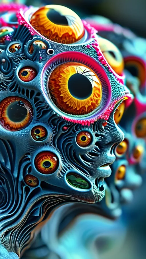 Prompt: an extremely hyper realistic ultra super textural weird trippy surreal psychedelic entity, Cardioid Curves, ,,, translucent, pearlescent finish, silver, pyrite, quartz,, clear, bright vivid teals, blues, pinks/yellows/greens, black charcoal, lots and lots of light, lots of crazy colorful compound psychedelic human eyes, rows of human teeth, fungus,  atoms, diatoms,, Cardioid Curves