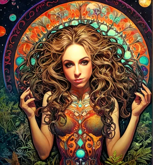 Prompt: 4k, ultra-detailed, psychedelic, trippy, bright colors, vivid, black light poster, girl with longish blond curly hair, psychedelic magic mushrooms, trippy hallucinations, optical illusions, patterns, crystals, moss, forest, moon, geometry fractals, vibrant colors, detailed hair, surreal, vibrant lighting