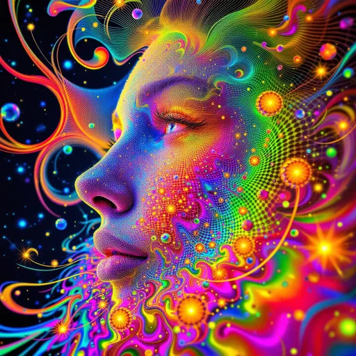 Prompt: A dazzling female face emerges entirely from living math and radiant rainbow light—no flesh, only shimmering structure. Her features are formed from a layered fusion of mathematical forces: Fourier transforms ripple across her cheeks as oscillating waves of pure chroma, while Penrose tiling lays the framework of her bone structure in quasiperiodic rainbow shards. Her eyes are formed from rotating Riemann surfaces, depth-layered and infinite, shimmering like complex-number mirrors. Her hair streams upward in Hopf fibrations woven with harmonic spirals, curling into loops of saturated neon, constantly shifting phase.

She’s birthed in a Studio 54-shaped dimension—a warped disco ball where projective geometry curves the space itself, bending mirrored facets into recursive tilings. Light is sound here: her smile pulses with sine wave interference patterns, glittering with Turing patterns that blink to the beat of a divine groove. IFS fractals bloom from her brow in iridescent motifs, shimmering like oil on water and splitting infinitely. Her entire form is animated by the music of math—she is the math—rendered in chromatic shimmer, sparkling logic, and shimmering equations.

The air sparkles with dancing dust from chaotic attractor fields, casting prismatic shadows. Her dimension is alive with recursive shine, a disco-holofractal dream woven from colored algorithms.

Tags: #Studio54MathBabe #FourierCheekbones #PenroseFace #RainbowLogic #HopfHair #DiscoMathDimension #SheIsMath #ColorMadeConscious