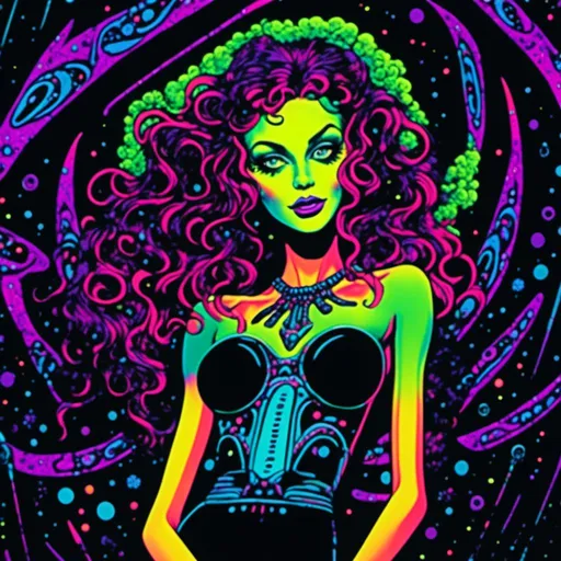 Prompt: <mymodel>Vintage 70s black light poster illustration of a green-skinned retro alien female, long curly hair, futuristic alien fashions, alien makeup, rockabilly pinup style, vibrant neon colors, psychedelic patterns, detailed hair and outfit, high-quality, retro, black light, vibrant colors, psychedelic, 70s style, pin-up, alien fashion, detailed illustration, professional, atmospheric lighting