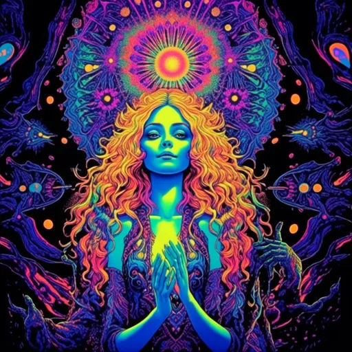 Prompt: <mymodel>Vintage 70s black light poster art illustration of a beautiful female DMT entity, long blond curly hair, otherworldly ineffable beauty, DMT waiting room, astral being, psychedelic hallucinations, vibrant colors, detailed astral features, retro artistic style, intense and vivid colors, mesmerizing aura, surreal vibes, flowing hair, radiant chakras, psychedelic realm, best quality, vibrant, retro, surreal, intense colors, detailed astral features, mesmerizing beauty, vintage, black light poster, effervescent lighting