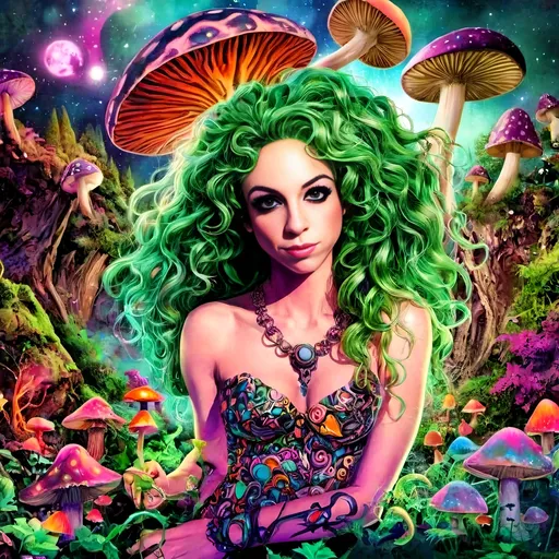 Prompt: A psychedelic trippy bright colorful vivid black light poster illustration of a girl with longish blond curly hair, with psychedelic magic mushrooms, trippy hallucinations, optical illusions and patterns, crystals, moss, forest, moon, geometry fractals