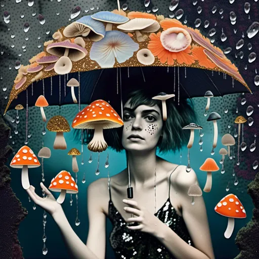 Prompt: <mymodel>Mixed media collage of a fungus fairy girl in the rain, mushroom umbrella, black and white and color photography, paint, glitter, sequins, metal, magazines, glass, unique textures, ethereal atmosphere, high quality, whimsical, surreal, fairy, mushroom umbrella, mixed media, collage, fungus girl, rain, unique textures, ethereal, surreal, magical, detailed wings, sparkling details