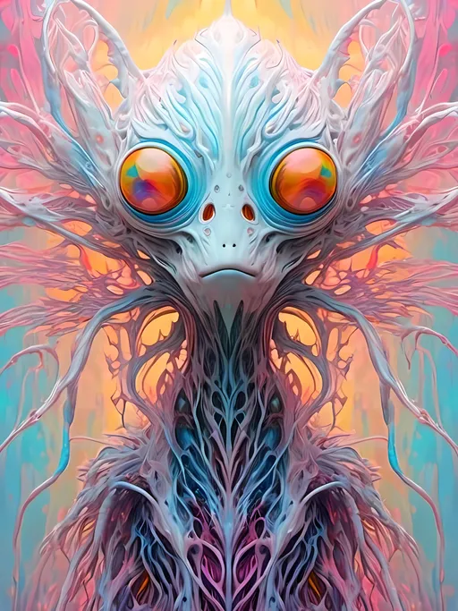 Prompt: <mymodel> an extremely hyper realistic super textural psychedelic entity/creature, trippy, weird, surreal, fractals, multidimensional geometric shapes, eyes, human teeth, lots of light, bright pastel colors, luminous, glowing, extremely textural, white, translucent, , silver, pastel rainbow oil slick sheen effect, moth antennae, melty drippy, extreme organic and metallic textures