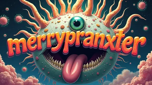 Prompt: Create the word "merrypranxter" in a psychedelic handwritten style. The background should feature an extremely hyper-realistic, ultra-textural, weird, trippy, surreal psychedelic entity. Incorporate rows of human teeth, tongues, and lips, intertwined with Saprolegnia, Hydrodictyon, Volvox, and Buckminsterfullerene. Use a palette of translucent whites, bright platinum, vibrant pinks, yellows, greens, oranges, and teals. Infuse the composition with abundant light and a multitude of colorful, compound psychedelic human eyes. Emphasize extreme high definition with organic and mineral textures, enhancing the surreal atmosphere.