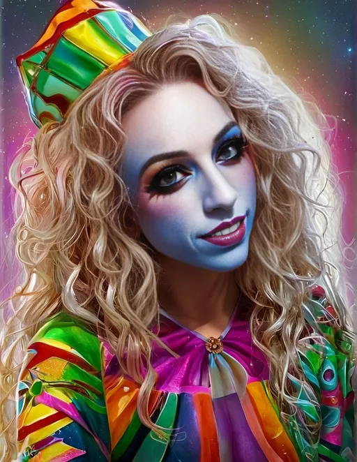 Prompt: Psychedelic hyperrealism of a female cosmic jester, long blond curly hair, vibrant psychedelic jester hat and attire and makeup, hallucinations, psilocybin, merry prankster of multidimensional geometry, tesseracts, hypercubes, trippy, highres, hyperrealism, cosmic, vibrant colors, hallucinatory, detailed makeup and attire, multidimensional, psychedelic