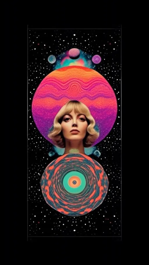 Prompt: <mymodel>Psychedelic trippy collage with a surreal vintage 70s sci-fi feel, vibrant colors, retro futuristic elements, surreal landscapes, detailed psychedelic patterns, high quality, vintage sci-fi, mixed with photograph of a woman with blond curly hair, geometric shape and optical illusions, vibrant colors, surreal, detailed patterns, trippy, collage, 70s, retro futuristic, eyes, surreal landscapes, detailed, atmospheric lighting