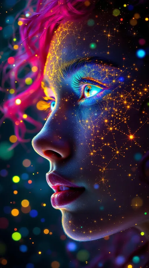 Prompt: Her face is a modular masterpiece—cheekbones traced with the shimmer of moonshine symmetry, every angle tuned to a hidden harmonic. Newton fractal veins glow faintly beneath translucent skin, shifting in color with each emotion. Her eyes burn with prime number fire, irises tiled in Penrose symmetry, blinking with curved light logic. Laughter echoes in Hilbert paths across her cheeks—space-filling joy spirals, soft and bright. Hair spills around her in radiant pink curls, styled by quasiperiodic forces and recursive wave equations—each strand flowing in luminous fractal tension. Geometry pulses at the hairline, recursive symbols glinting in neon mathdust. She is wrapped in hyperbolic aura-rings, layered in color-feedback like living topology, her presence refracting sacred math through joy, emotion, and colorfields.”

⸻

Visual Keywords:
Modular face symmetry, Newton glow skin, Penrose-tiled irises, Hilbert smile trails, pink recursive curls, fractal symbol halo, hyperbolic color aura, neon mathdust, prime fire eyes