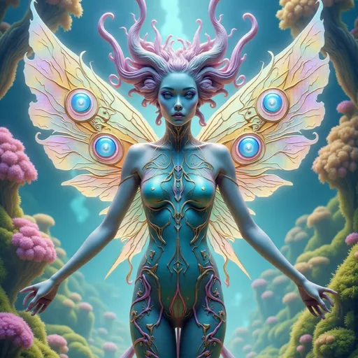 Prompt: A surreal, vibrant portrayal of a half-woman, half-moth celestial being. The figure is a caucasian slim woman with long, wild, pink, very curly hair cascading like a glowing waterfall of magenta and rose gold. Her piercing blue eyes shine with an electric intensity, exuding wisdom and mystery. Her upper body is human, adorned with a bodice that seems to grow organically from her skin, resembling soft moth fur with fractal-like patterns in radiant hues of turquoise, gold, fuchsia, and violet, shimmering as if alive.

Her torso transitions seamlessly into a pair of massive, iridescent moth wings, spreading outward in a grand, mesmerizing display. The wings ripple with vivid colors—deep purples, fiery oranges, emerald greens, and electric blues—like a living kaleidoscope. Intricate eye-like patterns glow faintly on the wings, their centers emitting soft bioluminescence. The wing edges are delicate and feathery, giving them an ethereal softness. Two translucent, golden-glowing antennae curl elegantly from her head, completing her otherworldly appearance.

She stands in a cosmic forest bathed in multicolored light. The air sparkles with glowing pollen-like particles, drifting lazily. Surrounding her are luminous, oversized flowers and twisting, alien trees in neon hues of pink, teal, and orange. The ground beneath her is moss-like, reflecting the vibrant colors of the scene in a harmonious palette of jewel tones. 

The lighting is radiant and magical, with beams of multicolored light breaking through the forest canopy, casting soft, prismatic highlights across her figure. The style blends psychedelic fantasy art with Art Nouveau’s elegance, drawing inspiration from Alphonse Mucha’s intricate detailing and the vibrant surrealism of Android Jones. The mood is transcendent and mystical, capturing her as a divine fusion of humanity and nature, a guardian of cosmic beauty.