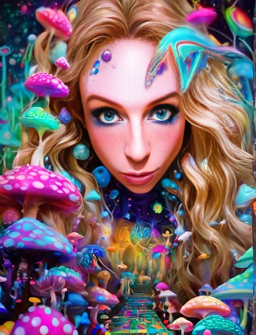 Prompt: Blonde girl with long, curly hair, psychedelic mushroom wonderland, psilocybin, DMT, trippy hallucinations, fractals, multidimensional geometry, auras, vibrant and surreal, high quality, surreal art, colorful, vibrant lighting, holograms, grid lines of the universe, underlying geometric structure of reality