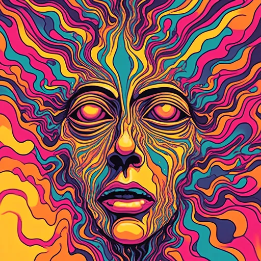 Prompt: <mymodel>Psychedelic poster art illustration of a melting face, trippy, psychedelic third eye, face melting, vibrant colors, surrealistic, high quality, detailed, psychedelic art style, intense colors, melting effect, detailed facial features, surreal, vibrant lighting