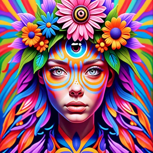 Prompt: Photorealistic digital painting of a woman with a psychedelic eye and a flower in her hair, detailed and realistic facial features, vibrant psychedelic color palette, intricate detailing, realistic skin texture, lifelike expression, high resolution, ultra-realistic, photorealistic, detailed psychedelic eye, vivid flower, realistic painting, digital art, detailed portrait, lifelike expression, psychedelic color palette, detailed and vibrant, intricate digital painting, highly detailed, professional lighting in a psychedelic poster art illustration style <mymodel>