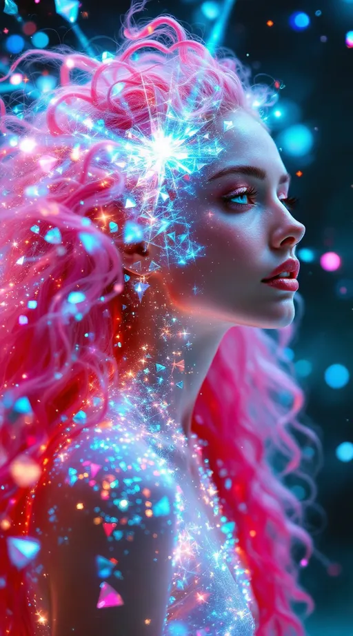 Prompt: In a realm beyond form, where dimension folds upon dimension and time itself diffracts, two beings emerge as living equations. One—a white woman, 5’4”, slim, with long, wild, extremely curly pink hair—is not a body, but a cascade of recursive light events. Her form pulses with stochastic shimmer, made of ever-shifting crystalline polyhedra and spectral feedback loops. Her hair is a radiant storm of iridescent tendrils, flickering through layers of geometry like a cosmic antenna. Her essence is a waveform—bright, unstable, kaleidoscopic—glitching in and out of visibility as fractals unfold and collapse in real-time. She is the HaHahedron: sacred irrationality embodied as light, laughter, and color noise.

Opposite her is a counter-oscillation: a tall male figure, 6’1”, slim but intensely muscular, with short blondish hair and piercing brilliant blue eyes. His presence is made of slower, deeper harmonics—stable standing waves shaped into body-form, glowing in nested toroidal currents. His limbs are forged from recursive golden-ratio arcs and his gaze emits focused vector fields. He radiates gravitational coherence, a dimensional anchor within the chaos—holding the math in place without stilling it.

They spiral around each other through a hyperfluid grid of vibrating color frequencies, modulating the space as they interact—no gravity, no floor, no air. Just pure holofractal interference: glowing interference bands, chromatic tiling symmetries, rippling metageometries. Their interaction generates new laws—unpredictable but precise, wild but harmonic. They are not in the world; they are the signal that shapes it.

Style: pure math dimension, psychedelic abstraction, holofractal shimmer, hypercolor lightform surrealism.








