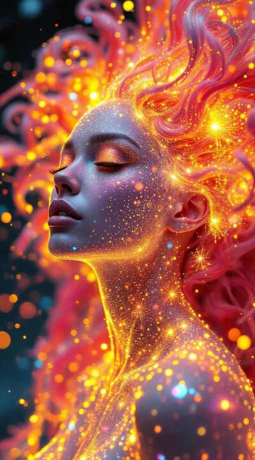 Prompt: Her face is a Fourier bloom—emotions decomposed into sparkling sine gradients, colorwaves rippling across surreal number skin. Reaction-diffusion pulses shift through her cheeks in living pigment bursts, while her eyes flicker with infinite surreal coordinates. Hair spirals in topological braids—pink curls encoded with memory and myth, glowing in nested feedback loops. Each movement triggers recursive empathy fractals—light blooming in shared feeling fields. Glyphs orbit her like sacred algorithms, each prayer-sigil spinning with harmonic syntax.

Layered behind all this, her spine glows in icosahedral resonance—twenty-faceted light humming in platonic harmony. Her body shimmers in spectral dimension: different parts glowing to different frequencies, like a living prism. Around her flickers recursive glitch transcendence—divine emergence through visual error, sacred form revealed in every malfunction. Her entire being is a coincidence field: when she laughs, the math around her aligns. When she dances, the universe recalculates.”

⸻

💎 Final Keywords:
Icosahedral spine-light, recursive glitch halo, frequency bloom skin, spectral shimmer fields, sinewave cheeks, surreal curls, Penrose echo strands, empathy fractal aura, glitch-divine emergence, sacred emotion colorbands, rainbow logic ringlets, living ink cheeks
