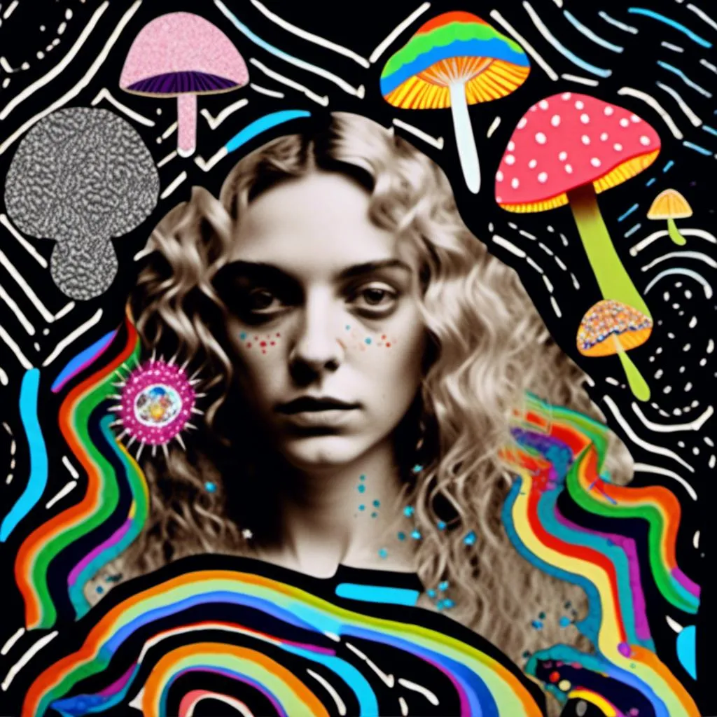 Prompt: <mymodel>Mixed media collage of a woman wing long blond curly hair having a psychedelic experience, herself a photograph, maybe in black and white or halftones, with mixed media hallucinations swirling around her, and mushrooms growing out of her made from paint, foils, glitter, sequins, stones, ripped and folded paper, thread, etc