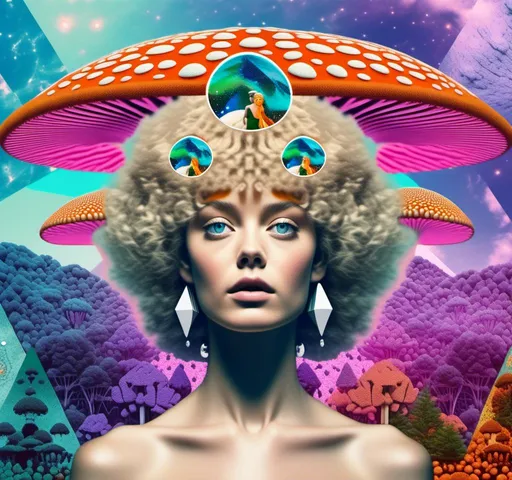 Prompt: a psychedelic collage reminiscent of 70s psychedelic sci fi collage artwork celebrating a girl on mushrooms. It is to feature a photograph of a woman with blond curly hair that is edited by splicing it with other images from photographs, magazines, newspapers, illustrations/paintings to create the impression she is high on magic mushrooms. The work will include such elements as a psychedelic 3rd eye open, stars and planets, trippy optical illusions and patterns, psilocybin cubensis mushrooms, fractals, UFOs, aliens, geometric shapes, auras, rainbow spectrums, sacred geometry, trippy drippy stuff, psychedelic hallucinations, open eyes, landscapes of astral worlds<mymodel>