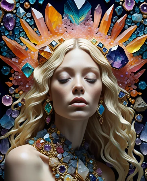 Prompt: <mymodel>ego death, woman long blond curly hair, figurine,  trippy extremely ultra hyperrealistic, high texture high detail psychedelic hallucination created entirely out of Gemstone, gemstones, crystals, crystal, psychedelic, texture, ego death, geometric shapes, fractals made out of gemstones gemstone textures minerals mineral texture banding crystals crystal clusters formations