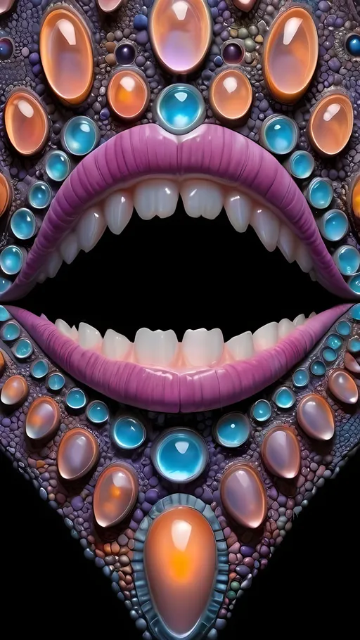 Prompt: Create an extremely hyper-realistic, ultra super textural, weird, trippy, surreal, psychedelic eyes/teeth/mouth pattern/design based on Mandelbrot & “Op Art tiling” with lots of human eyes (crazy colorful compound psychedelic), rows of human teeth, human lips, and tongues. 

- **Colors**: determined by the properties and expressions of the elements (& their isotopes), minerals, and metals: opal, moonstone, amethyst, rose quartz, Platinum (Pt)

**Shapes and forms**
- Mandelbrot 
- "Op Art tiling" 
-other shapes determined by the natural properties and expressions of the elements (& their isotopes), minerals, metals, and biological organisms: opal, moonstone, amethyst, rose quartz,  Platinum (Pt)


- **Textures**: Derived from any/all elements (& their isotopes), minerals, metals, crystals, organic things mentioned in this prompt: opal, moonstone, amethyst, rose quartz, Platinum (Pt)

**Composition and Layout**:
- a pattern/design based on the Op Art tiling & Mandelbrot 

**Lighting**:
- lots of bright light
- Phosphorescence

**Detail and Atmosphere**:
- Extreme hyperrealistic sharp high detail high definition organic and mineral textures
- Psychedelic, weird, odd, surreal atmosphere
- Frozen in time

**Additional Elements**:
- extra rows of teeth, lips, many eyes, Op Art tiling, Mandelbrot 
