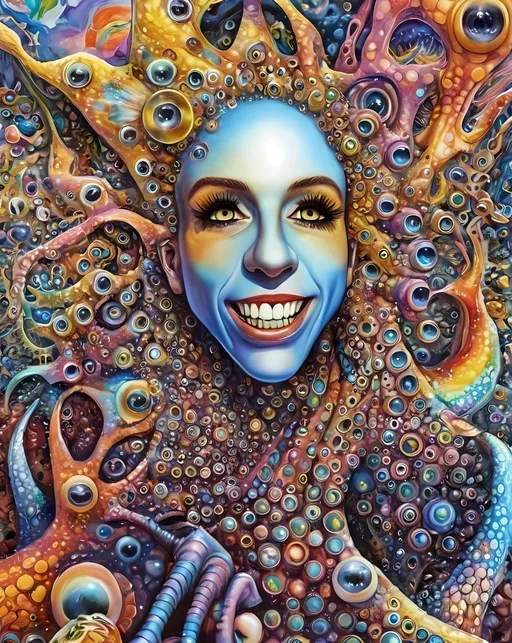 Prompt: an extremely hyper realistic ultra super textural weird trippy surreal psychedelic entity, gyroid structures, Pascal's Triangle, white, translucent, clear, bright bright pastel colors, oil slick rainbow sheen effect, lots and lots of light, lots of crazy colorful compound psychedelic human eyes, rows of human teeth, fungus, atoms, diatoms, gyroid structures, Pascal's Triangle