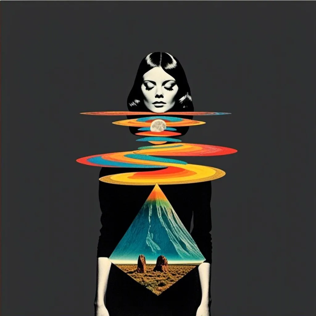 Prompt: <mymodel>Vintage 70s psychedelic surreal sci-fi. Surreal psychedelic Collage Featuring trippy psychedelic patterns/optical illusions in geometric shapes/arrangements/interspliced with images of cats, and rainbow spectrums, spliced with images of surreal/alien/mountainous landscapes, planets and moons and asteroids, mushrooms, all cut up and mixed together to create a cool trippy vintage sci-fi psychedelic collage