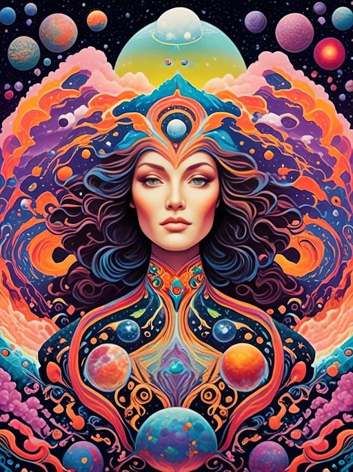 Prompt: <mymodel>Gaia, Mother Earth personified as a deity in outer space, psychedelic poster art illustration, cosmic colors, swirling galaxies, ethereal and glowing, intricate details, vibrant and surreal, high quality, psychedelic, outer space, cosmic, deity, Mother Earth, vibrant colors, swirling galaxies, ethereal, glowing, intricate details, surreal, poster art, illustration, cosmic colors, vibrant, detailed, highres