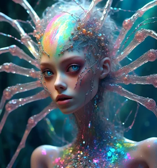 Prompt: <mymodel>extremely hyperrealistic extremely high textural beautiful female sentient spider entity, arachnid woman,8 eyes, humanoid, human woman with spider features, lots of light, extreme organic textures, white, translucent, bright pastel colors, oil slick rainbow sheen effect, silver, chrome, crystals, 
Arachnid, cephalothorax, abdomen, pedipalps, chelicerae, fangs, spinnerets, silk glands, book lungs, tracheae, 