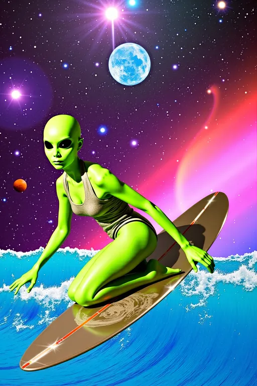 Prompt: Let's add that cosmic phrase into the mix:

**Astral Surfing Queen - AI Art Prompt**

Create an artwork featuring our iconic green-skinned alien babe, rocking a retrofuturistic swimsuit that blends vintage style with sleek, modern design. Picture her surfing an astral wave made entirely of vibrant colored light and abstract astral matter, gliding effortlessly through the vast expanse of the astral plane.

She's "hanging 10," her toes gripping the edge of a metallic, futuristic surfboard that gleams with an otherworldly sheen. The board is adorned with intricate patterns and glowing accents, reflecting the advanced technology of her cosmic culture.

Her expression is one of pure joy and exhilaration, as she rides the astral wave with the grace and skill of a seasoned surfer. Her bald conical head and large, solid black almond-shaped eyes add an extra layer of mystique to her carefree demeanor.

The background is a dazzling display of cosmic elements—swirling nebulae, twinkling stars, and trails of astral light that create a sense of motion and energy. The astral wave itself is a dynamic flow of luminous colors and abstract forms, embodying the ethereal and ever-changing nature of the astral realm.

Incorporate the text phrase "SURF THE ASTRAL" in a bold, glitchy, futuristic style that complements the vibrant and dynamic nature of the scene. The text should integrate seamlessly into the composition, enhancing the theme and adding a narrative element to the artwork.

Balance hyperrealistic textures with an illustrative, artistic style, capturing the playful and adventurous essence of this astral surfing queen. Let the fine details and vibrant colors transport viewers into a realm where surfing meets the extraterrestrial, in a celebration of cosmic joy and exploration. 🌌🏄‍♀️👽

Let this prompt inspire a piece that's as dynamic and visually captivating as it is uniquely yours!