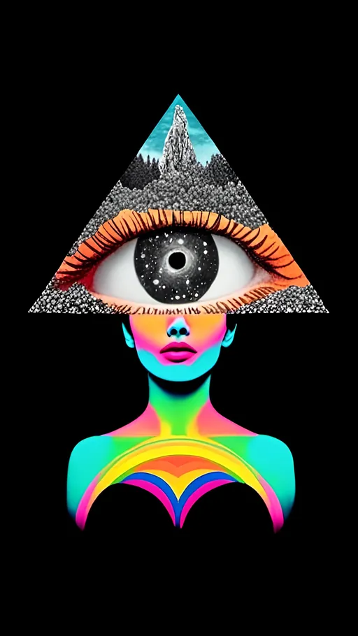 Prompt: <mymodel>Psychedelic collage of a woman, spliced and edited with psychedelic planets, cats, and UFOs, a psychedelic open third eye, pickles, photos of mushrooms of all kinds and colors, trippy optical patterns, incorporating paint, enamel, and found objects, black and white optical illusions, high quality, surreal, vibrant colors, trippy, psychedelic, detailed collage, cosmic theme, colorful lighting surreal collage