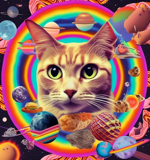 Prompt: a psychedelic collage with a vintage 70s sci animation feel to it except the theme is 90s internet memes. It is to be a collage of photographs and illustrations, outer space, planets, landscapes, optical illusion patterns, geometric shapes, eyes, hands, body parts, with rainbows, 404 error warnings, hamsters, cats, hot dogs, hamburgers, llamas, pickles, candy, chips, pixels, orbs, 90s style iconography spliced together with a vintage 70s psychedelic collage effect<mymodel>