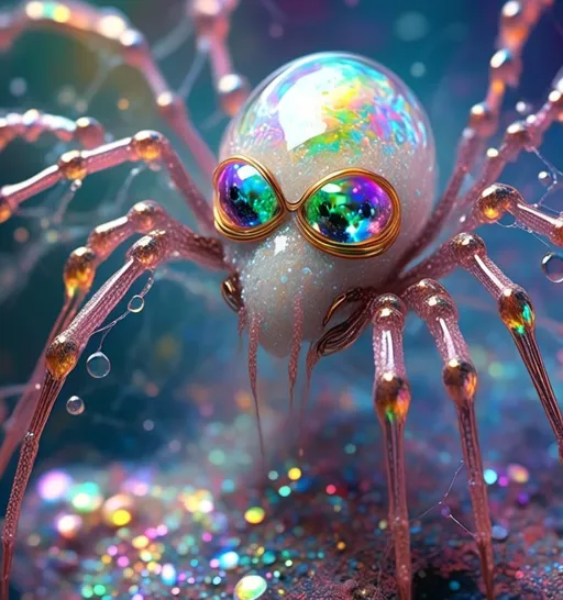 Prompt: <mymodel>extremely hyperrealistic extremely high textural beautiful female sentient spider entity, arachnid woman,8 eyes, humanoid, human woman with spider features, lots of light, extreme organic textures, white, translucent, bright pastel colors, oil slick rainbow sheen effect, silver, chrome, crystals, 
Arachnid, cephalothorax, abdomen, pedipalps, chelicerae, fangs, spinnerets, silk glands, book lungs, tracheae, 