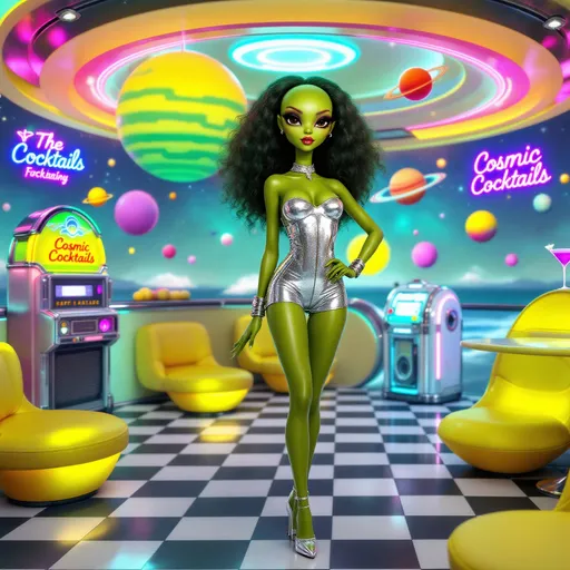 Prompt: A glamorous bald alien pin-up lounges on the open-air deck of a retrofuturistic UFO bar, styled in a vivid cartoonish retro pop aesthetic. She has vivid green skin, and large solid black almond-shaped eyes. Her body is fashion doll-perfect, wrapped in a sparkling chrome strapless romper paired with silver high heels and metallic arm cuffs. She stands confidently on a black-and-white checkered floor that extends to the edge of the open deck, where the cosmos yawns wide—outer space fully visible in the background, with glittering constellations, candy-colored planets, pastel nebulas, and floating asteroids casting soft holo-glows. Inside the lounge, the décor is pure atomic-age space camp: vinyl booths shaped like crescent moons, planet chandeliers, a rocket-shaped jukebox, neon signs for “Cosmic Cocktails,” and orbiting martini glasses that hover midair. Chrome finishes and pastel lighting bathe the entire scene in analog sparkle, blending 1950s glam with deep-space dazzle in a dreamy outer space skyline.
