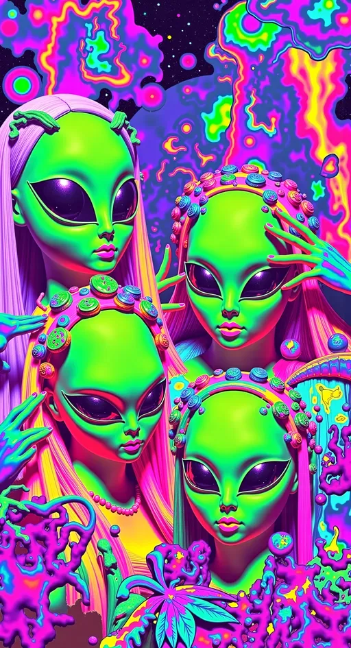 Prompt: **Trashy Cosmic Crew - AI Art Prompt**

Dive into a wild and lively scene featuring our iconic green-skinned alien babe, with her distinctive conical-shaped head and large, solid black almond-shaped eyes, alongside her rowdy extraterrestrial friends. They're striking edgy and playful poses, gesturing at the camera with cheeky irreverence amidst a chaotic backdrop filled with vibrant cosmic and psychedelic imagery.

Set the scene on an alien planet, where the landscapes are as gritty and raw as they are breathtaking. Include elements like rugged asteroids, mysterious moons, blazing suns, distant stars, and swirling nebulae, creating a rich tapestry of celestial wonders.

Add a touch of the surreal with cosmic rays and hints of the astral plane, weaving through the scene like electric currents. Black holes add a mysterious edge, while colorful psilocybin mushrooms and cannabis leaves appear throughout, adding a rebellious and psychedelic twist.

Incorporate lively details like hookahs and herbal rolls, as the alien crew enjoys their cosmic pastimes. The characters are decked out in bold, edgy outfits that scream attitude, with ripped fabrics, metallic accessories, and neon accents.

Let the scene be filled with a sense of carefree fun and camaraderie, as these intergalactic adventurers embrace the chaos of the moment. Capture their mischievous and playful expressions, making sure each character exudes their own unique brand of cosmic cool.

Balance hyperrealistic textures with a raw, artistic style, capturing the edgy and adventurous spirit of this cosmic gathering. Let the fine details and vibrant colors transport viewers into a realm where rebellion and the extraterrestrial collide, in a celebration of cosmic chaos and exploration. 🌌👽🔥

Let this prompt inspire a piece that's as dynamic and visually captivating as it is uniquely yours!