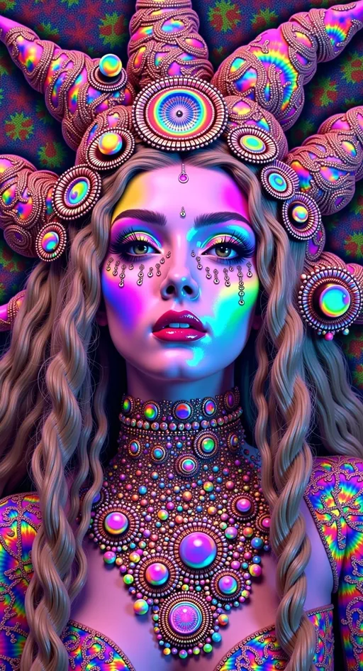 Prompt: Create a super hyperrealistic, finely detailed psychedelic Nouveau illustration of a Cosmic Jester. Feature the word MERRYPRANXTERworked organically into the background somehow.  This enchanting character is a merry prankster of the cosmos, an astral jokester dancing through time and space. She exudes a jester vibe, wearing feminine holographic jester attire & makeup with a feminine, harlequin twist. Not human, but humanoid, she is crafted from vibrant colored light, embodying an extra-dimensional extraterrestrial essence. Her presence is a beacon of joy, as she laughs and twirls through the cosmic astral realms, elevating vibes wherever she roams. 

Her beauty is otherworldly, with long, curly hair that shimmers like a cascade of colored light, appearing blonde yet transcending earthly hues. Her eyes sparkle with mischievous wisdom, and her attire is a dazzling array of intricate patterns and swirling colors, reminiscent of both jester garb and celestial phenomena.

Incorporate the text "the merrypranxter" above her in smaller, elegant lettering, seamlessly blending into the cosmic background. This text should capture the essence of her playful spirit, as if it were a whisper from the universe itself. The illustration should radiate her vibrant energy, portraying her as a timeless wanderer spreading joy and wonder throughout the cosmos.