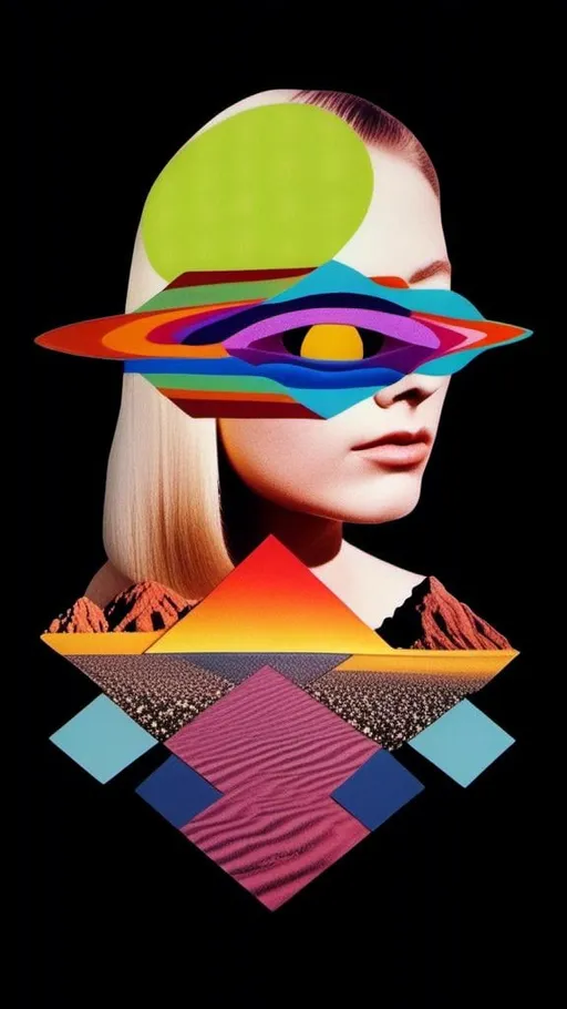 Prompt: a vintage 70s surreal psychedelic collage featuring a photograph of a young woman - it has a vintage 70s surreal science fiction art house feel to it. The photograph is cut out and edited into a collage made up of other photographs and art and feature things such as eyes, psychedelic third eyes, planets and stars, desert alien landscapes and mountains, psychedelic trippy patterns and optical illusions, psychedelic mushrooms, cats, UFOs, etc all mixed up together to create a surreal psychedelic collage effect<mymodel>