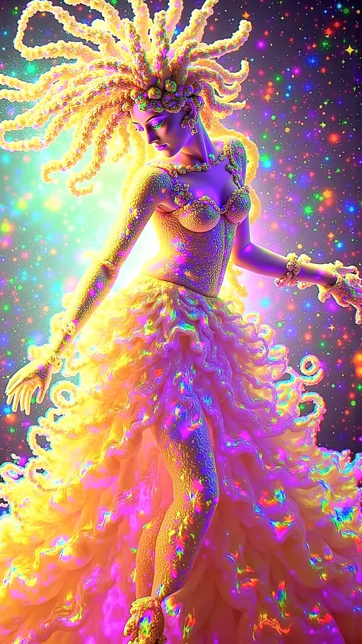 Prompt: A super hyperrealistic yet also illustrative and creative female cosmic jester, made entirely of swirling pure colored light, with long wild curly hair that appears blond but dazzles as a spectrum of hues. She is adorned in beautiful avant-garde "astral" jester's attire, complete with intricate clown makeup and a definitive jester's hat. Her ensemble includes exquisite accoutrements that enhance her ethereal presence. She sparkles, shines, and dazzles in a mesmerizing swirl of ever-changing colors, embodying the essence of cosmic whimsy and wonder.

She dances gracefully amidst a vibrant, swirling nebula, her every movement leaving trails of luminous light that ripple through the surrounding astral expanse. The nebula itself glows with prismatic hues, shifting from deep purples and blues to radiant golds and pinks. The cosmic jester's form seems to harmonize with the nebula's energy, her avant-garde attire reflecting the celestial light in kaleidoscopic patterns.

For this scene:
- **Pattern Tiling**: Spiral Phyllotaxis (to mirror the organic, swirling patterns of the nebula and her movements)
- **Quantum**: Quantum Superposition (to depict her as existing in multiple states of motion, creating a surreal effect)
- **Mathematical Function**: Lorenz Attractor (to add a chaotic yet beautiful dynamic to the nebula's energy flows)
- **Astral Stuff**: Nebula Swirls, Photon Showers, and Cosmic Spirals (to enhance the setting with vibrant, shifting astral phenomena)

The result is a mesmerizing, psychedelic vision of a cosmic jester dancing in harmony with the universe, surrounded by a cascade of astral wonders.