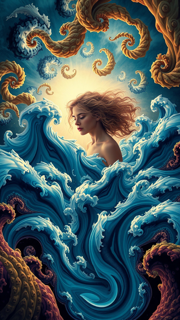 Prompt: A psychedelic ego death experience. A girl with long blond curly hair on psychedelics hallucinating herself in a fractal “storm”- angry fractals form clouds, wind and rain, whipping, beating the girl mercilessly until she blacks out and finds herself, drowning in an infinite swirling subterranean underground angry chaotic roiling ocean of pure fractals geometry.  melting into and becoming fractals- She melts, and becomes one with the ocean, becoming fractals herself and experiencing being one with everything in the universe, seeing it all from every point of view, before forming into human again over and over. Fractal geometry ocean, waves, currents, riptide, flowing, churning, underground cave 