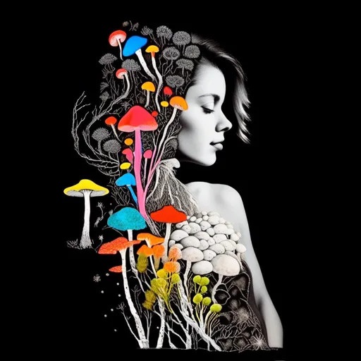 Prompt: A mixed media collage of a black and white photograph of a young woman growing all kinds of colorful multimedia psychedelic mushrooms and fungus out of her body (incorporate things like- but are not limited to - vibrant paints, enamels, glitters, metallic foils, newspaper and magazine cut paper, paint spatter, etc)<mymodel>