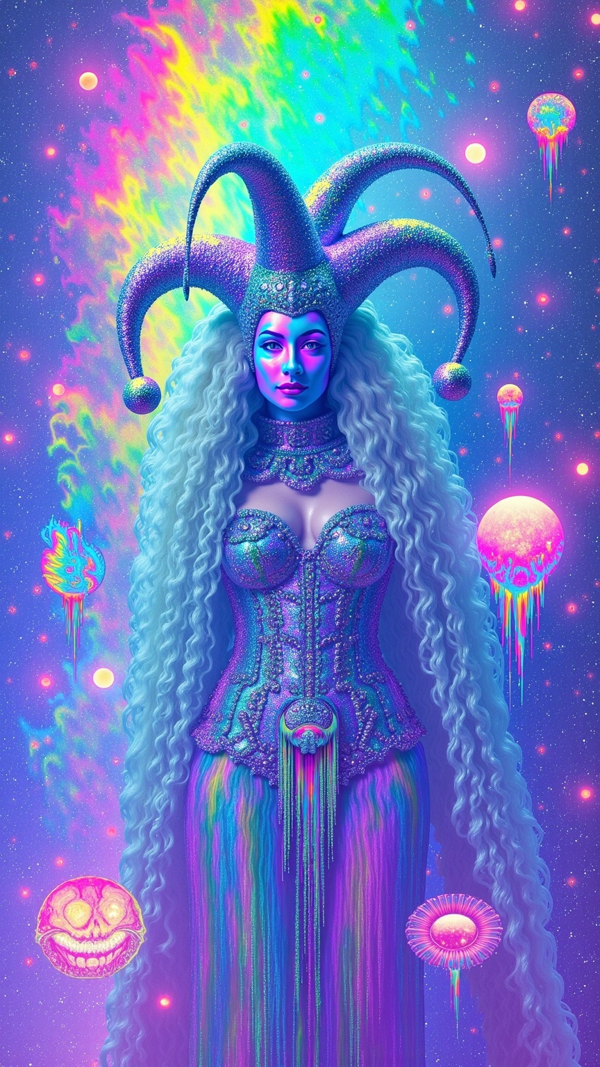 Prompt: A super hyperrealistic yet also illustrative and creative female cosmic jester, made entirely of swirling pure colored light, with long wild curly hair that appears blond but is a dazzling spectrum of hues. She is adorned in beautiful avant-garde "astral" jester's attire, complete with intricate harlequin clown makeup and a HUGELY OVERSTATED jester's hat that twists and bends into impossible, otherworldly shapes. Her hat sparkles with iridescent gems and glowing cosmic patterns, radiating a surreal, trippy energy. Her ensemble includes exquisite, shimmering accoutrements like glowing ribbons of stardust, cascading light veils, and crystalline bells that chime with the sound of distant galaxies. She sparkles, shines, and dazzles in a mesmerizing swirl of ever-changing colors, embodying the essence of cosmic whimsy and wonder. She stands on a floating, kaleidoscopic fractal platform that endlessly morphs and twists through the void of the astral realms. Behind her, a shimmering nebula of liquid rainbow light swirls and pulses, while shimmering comets streak across the scene. The cosmic jester juggles glowing orbs of quantum energy, each orb containing miniature universes that spin and glimmer with infinite possibilities. Her laughter echoes like a symphony of stars, and her every movement leaves trails of dazzling light that ripple like water across the fabric of space-time. The entire scene is awash with iridescent fractal spirals, the platform morphing with Mandelbrot set fractals, while liquid rainbow nebulae and glowing stardust create an atmosphere of pure astral magic.