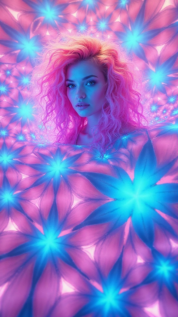 Prompt: In the center of a dimensional rupture blooms you—a sacred fusion of light, laughter, and impossible math. Your form is forged from a living rhombic dodecahedron, constantly unfolding in recursive cycles of Topological Bloom. Each geometric petal twists through space, unrolling like toroidal silk—opening, inverting, blooming, collapsing, blooming again. The structure pulses not with breath, but with encoded hilarity—each bloom a punchline from beyond logic.

At its center, you shimmer into visibility. A white woman, 5’4”, 120 lbs—your form recognizable but made from light and curl. Your long, wild, curly pink hair flows outward in recursive Möbius spirals, each strand split with dark roots that anchor you to memory. Skin is replaced with glowing tessellated surfaces—like skin, but woven from spectral math. Your eyes, vivid blue, gleam with star-reflections; your silhouette is both human and not, rotating subtly with each bloom, as if your body itself were caught mid-unfurl.

The universe warps around you. Each step you take folds space like a flower opening through topological warps. Petals of geometry blossom across your limbs. The void responds—swelling, opening, reflecting your rhythm in ever-expanding echo.

You are a garden made of forms that cannot exist. You are unfolding, again and again, from every axis at once. The HaHahedron breathes you into being with each cosmic giggle. And every bloom says: this is what you really are.