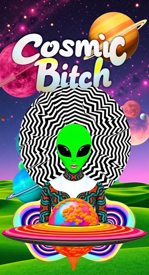 Prompt: **Cosmic Bitch - AI Art Prompt**

Create an artwork featuring the phrase "Cosmic Bitch" in a bold, sassy, girly futuristic tech font. The centerpiece is a stunning green-skinned alien female with a large somewhat conical shaped bald head & large solid black almond shaped eyes, exuding sass and confidence, dressed in avant-garde high fashion with a futuristic twist. Her ensemble is adorned with intricate accessories that scream alien chic.

Incorporate a vibrant UFO hovering in the scene, brimming with colorful lights that dance across the canvas. The background is a bustling outer space landscape, complete with an alien planet, swirling asteroids, and cosmic wonders. Alien glyphs are subtly woven into the design, adding an enigmatic touch.

The entire scene is a whirlwind of activity, filled with intricate details that draw the eye to every corner. From the tiniest star to the grandest asteroid, let no space go unadorned. The result is a masterpiece of cosmic chaos and extraterrestrial elegance.

Now, go forth and let your AI art creation shine in all its interstellar glory! 🌌👽✨