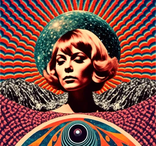 Prompt: <mymodel>Psychedelic trippy collage with a surreal vintage 70s sci-fi feel, vibrant colors, retro futuristic elements, surreal landscapes, detailed psychedelic patterns, high quality, vintage sci-fi, mixed with photograph of a woman with blond curly hair, geometric shape and optical illusions, vibrant colors, surreal, detailed patterns, trippy, collage, 70s, retro futuristic, eyes, surreal landscapes, detailed, atmospheric lighting