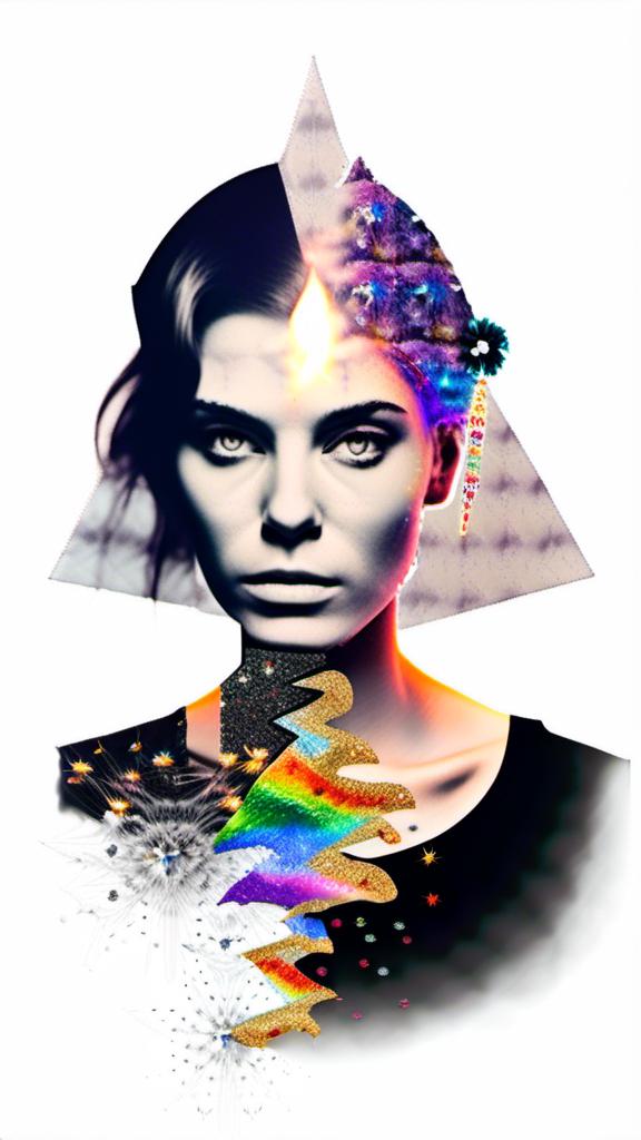 Prompt: a mixed media collage portrait of a woman in a black or white photograph that has bit edited with other media to create a collage like illusion that she is burning in shining metallic glittery rainbow colored fire flames , sparkle, colored paints, rhinestones sequins paint paper high texture-multimedia rainbow astral flames bursting forth from a black and white photograph of a woman<mymodel>