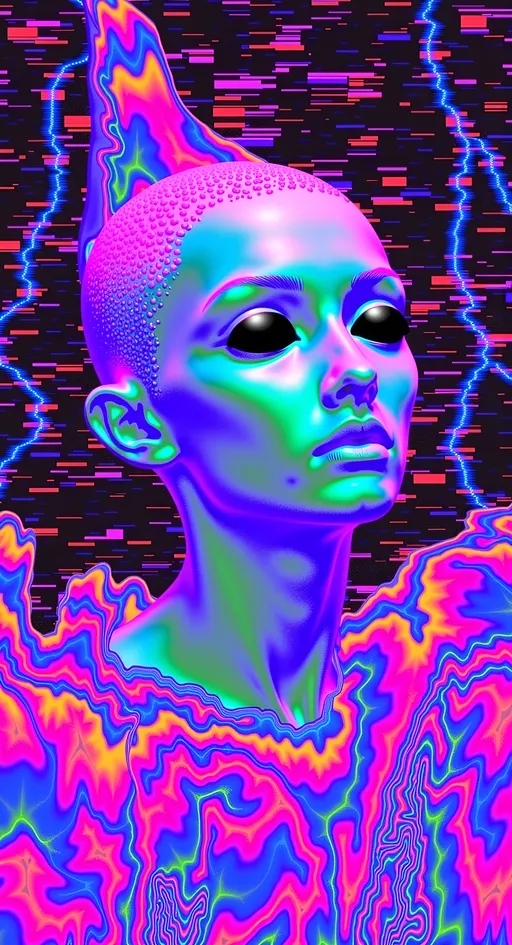 Prompt: Let's dive into the abstract with this concept:

**Nebulous Reverie - AI Art Prompt**

Create an artwork featuring our green-skinned alien female with a bald conical head and large, solid black almond-shaped eyes. She's immersed in a nebulous reverie, an abstract and dreamlike space where form and color flow freely.

The environment is a swirling sea of abstract shapes and colors, with no distinct ground or sky. It's a realm where everything is in constant flux, shifting and morphing with fluid grace. Think of a cosmic dance of colors and patterns, with no clear boundaries or definitions.

Our alien girl is at the center of this abstract universe, her form partially blending with the surroundings. Her pose is serene and contemplative, as if she's meditating amidst the chaos. Her attire is an extension of the environment, with patterns and hues that echo the swirling colors around her.

Incorporate digital glitches and distortions throughout the composition, creating a sense of movement and transformation. These glitches should be subtle yet pervasive, adding layers of complexity to the scene without overwhelming it.

Use a mix of fractal patterns, flowing lines, and vibrant color gradients to build the abstract landscape. The focus should be on creating a sense of harmony and balance amidst the apparent chaos, inviting viewers to lose themselves in this dreamlike world.

Balance hyperrealistic textures with an illustrative, artistic style, capturing the ethereal and abstract essence of this nebulous reverie. Let the fine details and vibrant colors transport viewers into a state of contemplation and wonder. 🌌🎨✨

Let this prompt inspire a piece that's as abstract and mesmerizing as it is visually stunning!