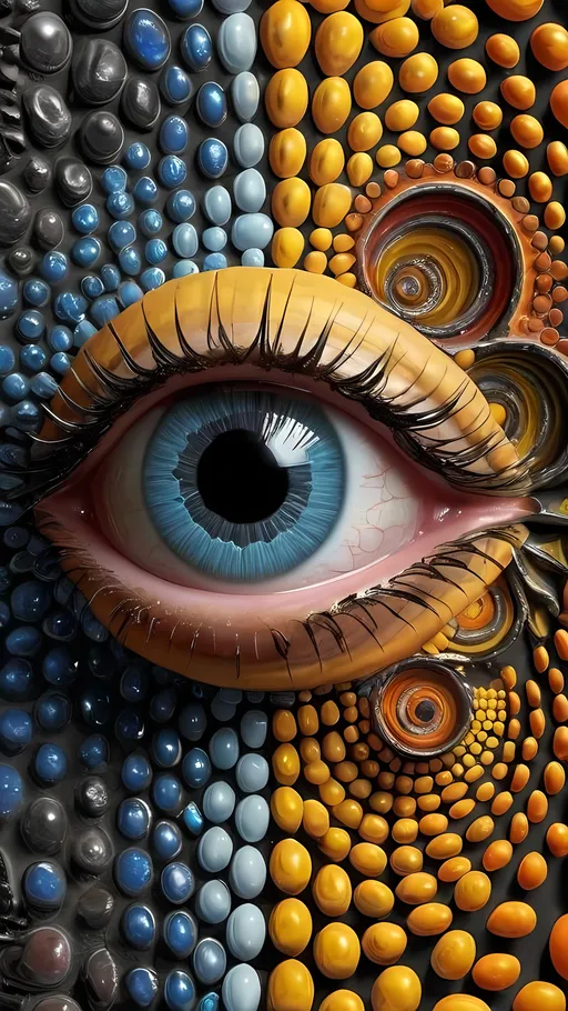 Prompt: Create an extremely hyper-realistic, ultra super textural, weird, trippy, surreal, psychedelic eyes/teeth/mouth pattern/design based on “Fibonacci Spirals” & “op art tiling” with lots of human eyes (crazy colorful compound psychedelic), rows of human teeth, human lips, and tongues. 

- **Colors**: determined by the natural properties and expressions of the elements (& their isotopes), raw rough minerals, and metals: Molybdenum (Mo), Sphalerite, Orpiment, obsidian, sulfur, Heliodor

**Shapes and forms**
- main form: “Fibonacci Spirals”
-other shapes determined by the natural properties and expressions of the elements (& their isotopes), raw rough minerals, metals, and biological organisms: Molybdenum (Mo), Sphalerite, Orpiment, obsidian, sulfur, Heliodor

- **Textures**: Derived from any/all elements (& their isotopes), minerals, metals, crystals, organic things mentioned in this prompt: “Fibonacci Spirals”, Molybdenum (Mo), Sphalerite, Orpiment, obsidian, sulfur, Heliodor

**Composition and Layout**:
- a pattern/design based on “Fibonacci Spirals”
-bilateral symmetry

**Lighting**
- lots and lots of bright shining reflective light


**Detail and Atmosphere**:
- Extreme hyperrealistic sharp high detail high definition organic and mineral textures
- Psychedelic, weird, odd, surreal atmosphere
- Frozen in time

**Additional Elements**:
- extra rows of teeth, lips, many eyes, “Fibonacci Spirals”, Aventurescence, Chatoyancy
